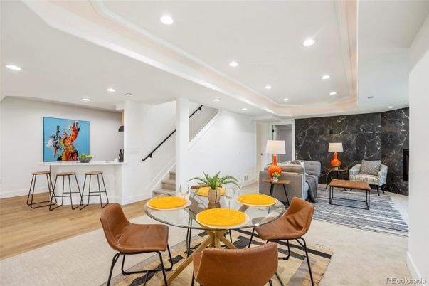 Interior, Living room, Marble Walls, Recessed Lighting, Wood Texture Flooring