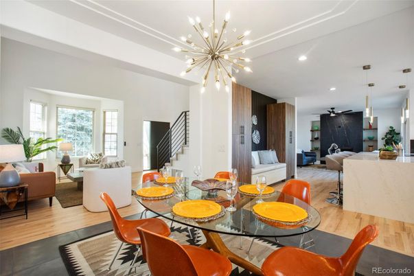 Dining room, Interior, Living room, Pendant Lights, Recessed Lighting, Wood Texture Flooring