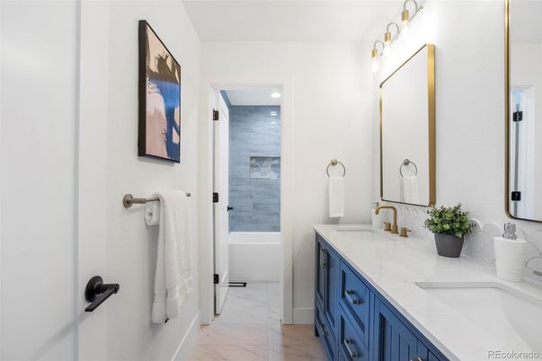 Bathroom, Dual Sink Vanities, Interior, Marble, Recessed Lighting