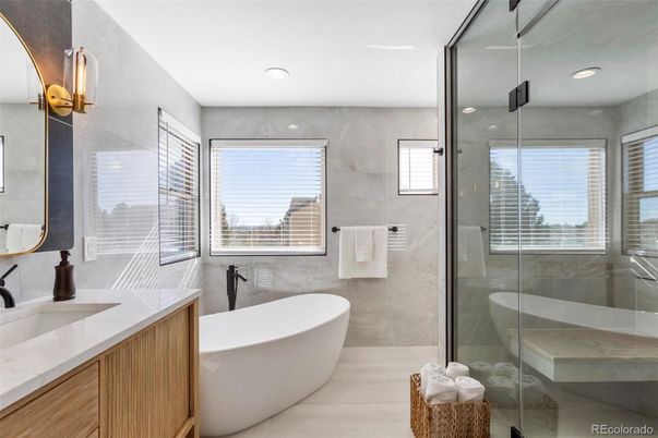 Bathroom, Free Standing Baths, Glass Shower, Interior, Recessed Lighting