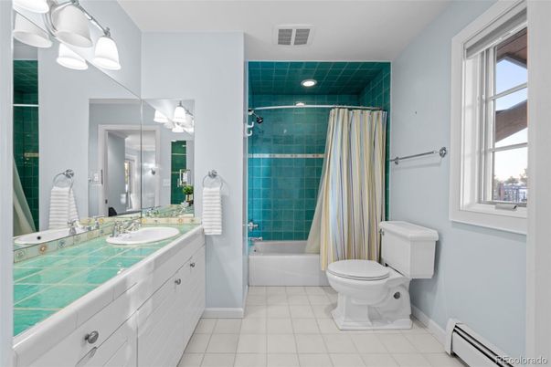 Bathroom, Dual Sink Vanities, Glass Shower, Interior, Recessed Lighting, Tile Countertops