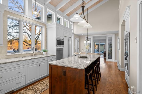 Interior, Kitchen, Pendant Lights, Recessed Lighting, Stainless Steel Appliances, Wooden Ceilings, Wood Texture Flooring