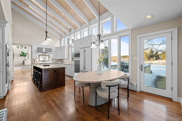 Dining room, Interior, Kitchen, Pendant Lights, Recessed Lighting, Stainless Steel Appliances, Wood Texture Flooring
