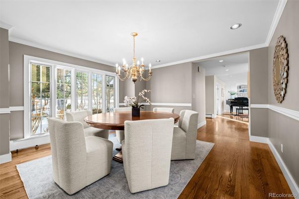Chandelier, Dining room, Interior, Piano, Recessed Lighting, Wood Texture Flooring