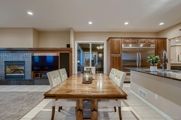 Dining room, Fireplace, Interior, Kitchen, Recessed Lighting, Stainless Steel Appliances