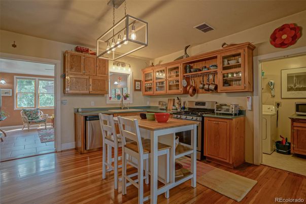 Dining room, Interior, Kitchen, Pendant Lights, Wood Texture Flooring