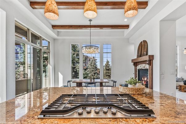 Chandelier, Fireplace, Interior, Kitchen, Pendant Lights, Recessed Lighting, Wooden Beams