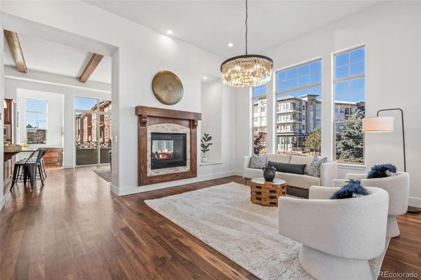 Chandelier, Fireplace, Interior, Living room, Pendant Lights, Recessed Lighting, Wood Texture Flooring