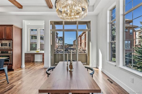 Chandelier, Dining room, Interior, Wooden Beams, Wood Texture Flooring