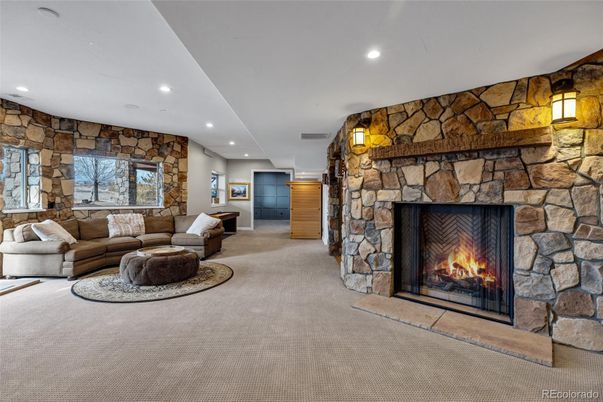 Fireplace, Interior, Living room, Recessed Lighting, Stone Walls