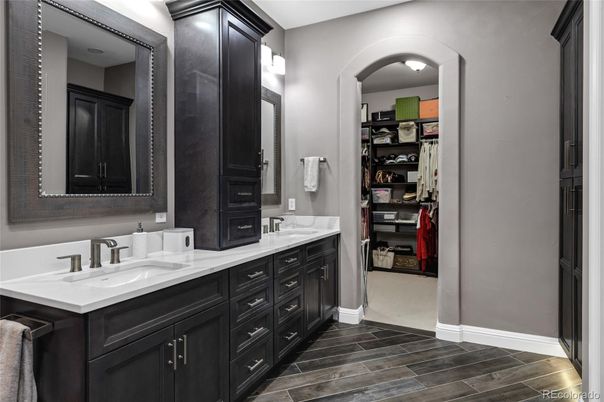 Bathroom, Dual Sink Vanities, Interior, Walk-in Closets, Wood Texture Flooring