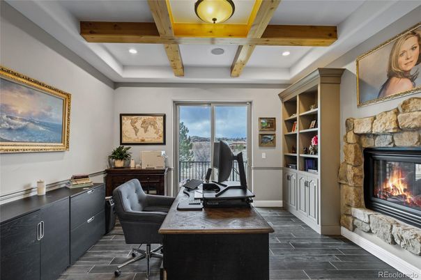 Fireplace, Home Office, Interior, Recessed Lighting, Wooden Beams, Wood Texture Flooring