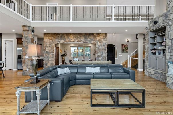 Interior, Living room, Recessed Lighting, Stone Walls, Wood Texture Flooring