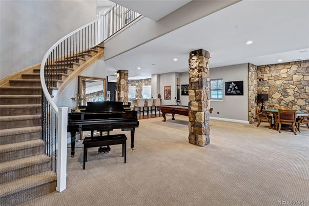 Billiard Table, Dining room, Fireplace, Game Room, Interior, Piano, Recessed Lighting, Stone Walls