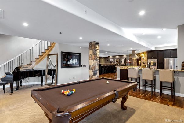 Billiard Table, Game Room, Interior, Kitchen, Piano, Recessed Lighting, Wood Texture Flooring