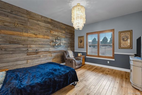 Bedroom, Chandelier, Interior, Wood Texture Flooring, Wooden Walls