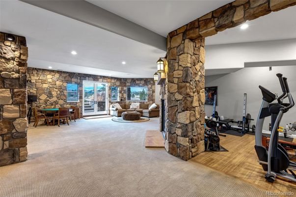Dining room, Fitness Equipment, Interior, Recessed Lighting, Stone Walls