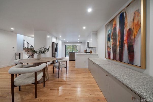 Dining room, Interior, Kitchen, Recessed Lighting, Stainless Steel Appliances, Wood Texture Flooring