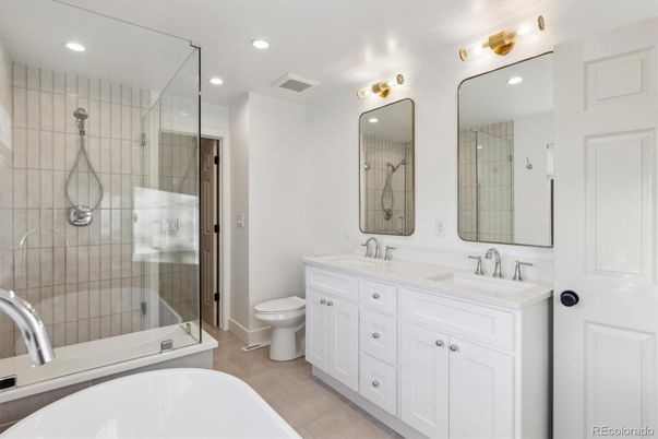 Bathroom, Dual Sink Vanities, Glass Shower, Interior, Recessed Lighting