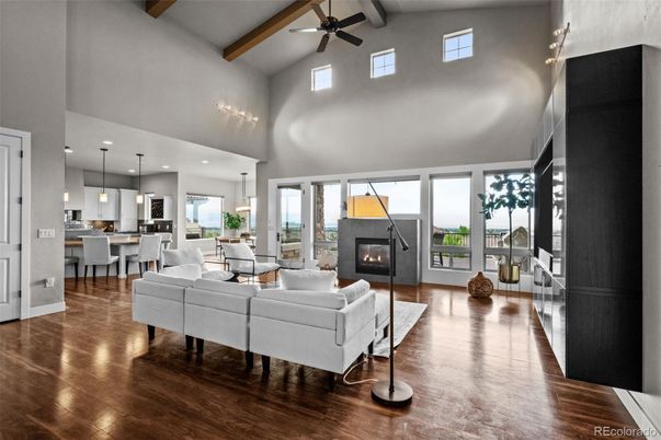 Dining room, Fireplace, Interior, Kitchen, Living room, Pendant Lights, Recessed Lighting, Wooden Beams, Wood Texture Flooring