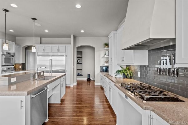 Interior, Kitchen, Pendant Lights, Recessed Lighting, Stainless Steel Appliances, Wood Texture Flooring