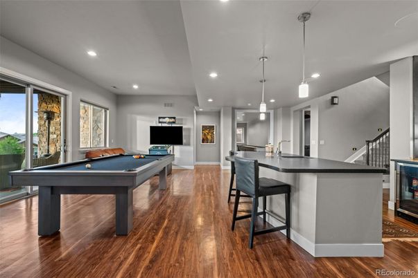 Billiard Table, Game Room, Interior, Pendant Lights, Recessed Lighting, Wood Texture Flooring