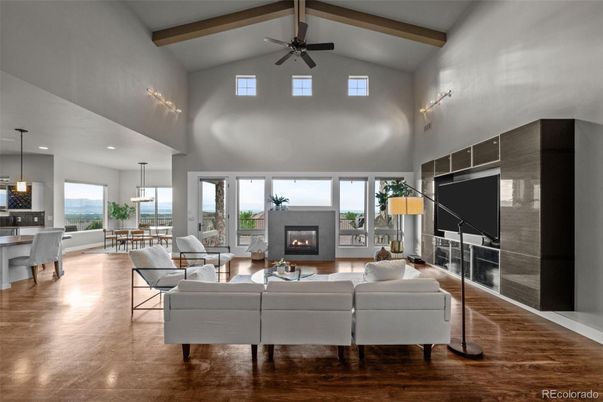 Dining room, Fireplace, Interior, Kitchen, Living room, Pendant Lights, Recessed Lighting, Wooden Beams, Wood Texture Flooring