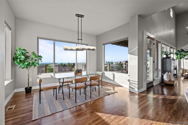 Dining room, Interior, Pendant Lights, Wood Texture Flooring