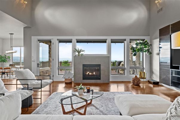 Dining room, Fireplace, Interior, Living room, Pendant Lights, Wood Texture Flooring