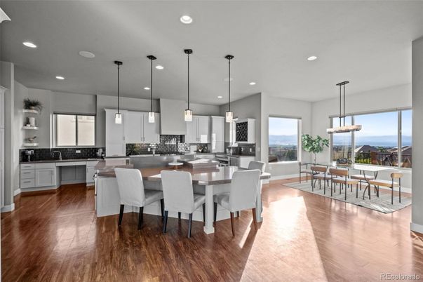 Dining room, Interior, Kitchen, Pendant Lights, Recessed Lighting, Water, Wood Texture Flooring