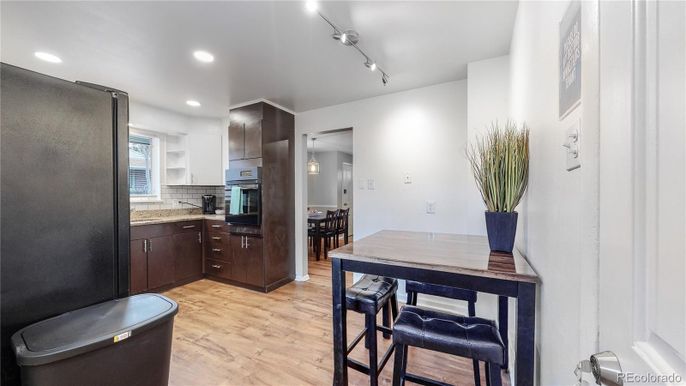 Dining room, Interior, Kitchen, Recessed Lighting, Wood Texture Flooring