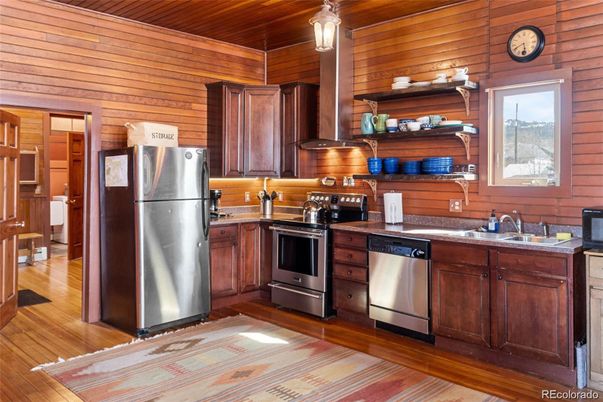 Interior, Kitchen, Pendant Lights, Stainless Steel Appliances, Wooden Ceilings, Wood Texture Flooring, Wooden Walls