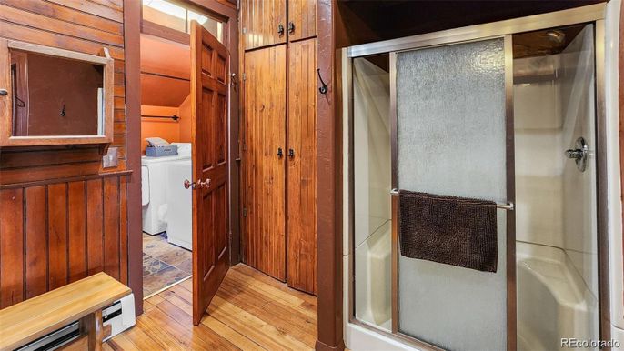 Interior, Washer, Wood Texture Flooring, Wooden Walls