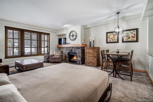 Bedroom, Dining room, Fireplace, Interior, Pendant Lights
