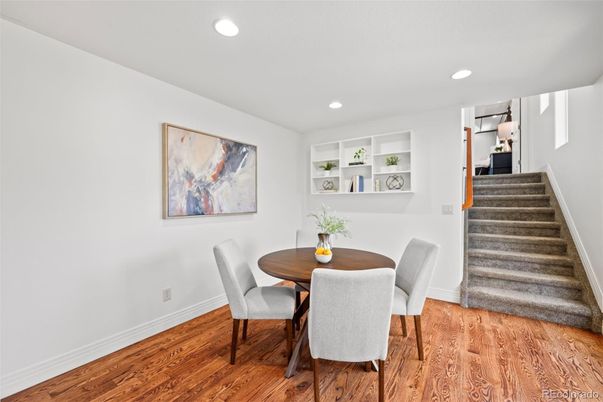 Dining room, Interior, Recessed Lighting, Wood Texture Flooring
