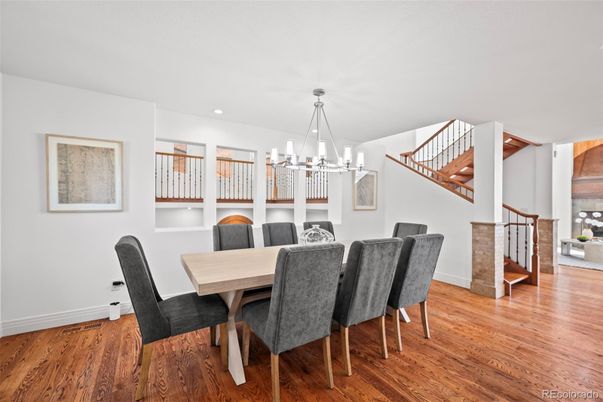 Dining room, Interior, Pendant Lights, Recessed Lighting, Wood Texture Flooring