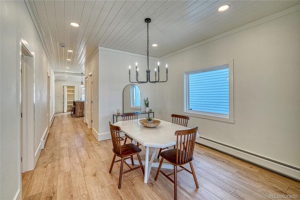 Chandelier, Dining room, Interior, Pendant Lights, Recessed Lighting, Wood Texture Flooring