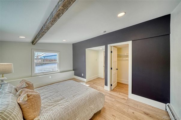 Bedroom, Interior, Recessed Lighting, Wooden Beams, Wood Texture Flooring