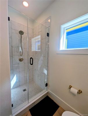 Bathroom, Glass Shower, Interior, Marble Walls, Recessed Lighting