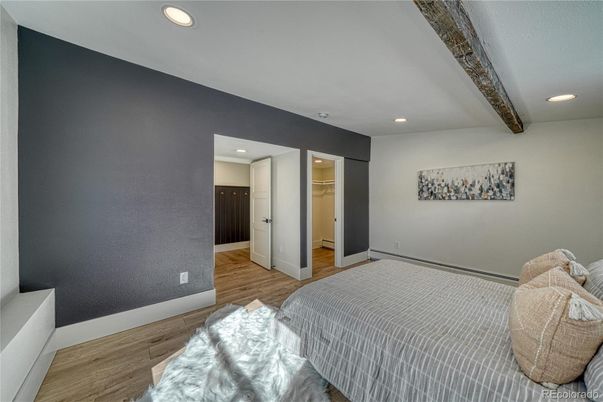Bedroom, Interior, Recessed Lighting, Wooden Beams, Wood Texture Flooring