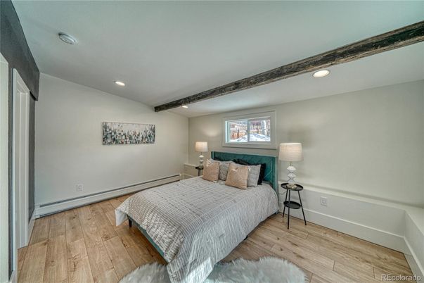 Bedroom, Interior, Recessed Lighting, Wooden Beams, Wood Texture Flooring