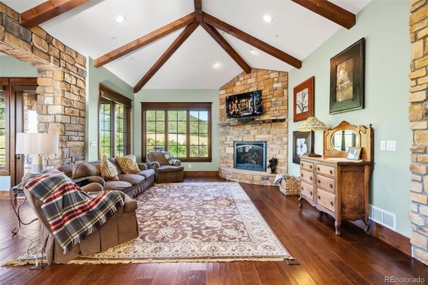 Fireplace, Interior, Living room, Recessed Lighting, Stone Walls, Wooden Beams, Wood Texture Flooring