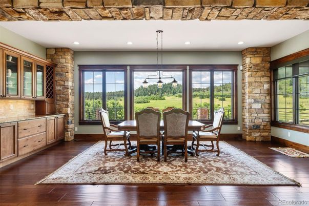 Dining room, Interior, Pendant Lights, Recessed Lighting, Stone Walls, Wood Texture Flooring