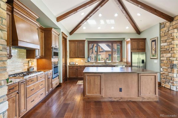 Interior, Kitchen, Recessed Lighting, Stainless Steel Appliances, Stone Walls, Wooden Beams, Wood Texture Flooring