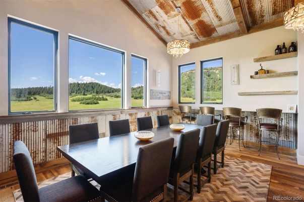 Chandelier, Dining room, Interior, Pendant Lights, Wooden Beams, Wooden Ceilings, Wood Texture Flooring