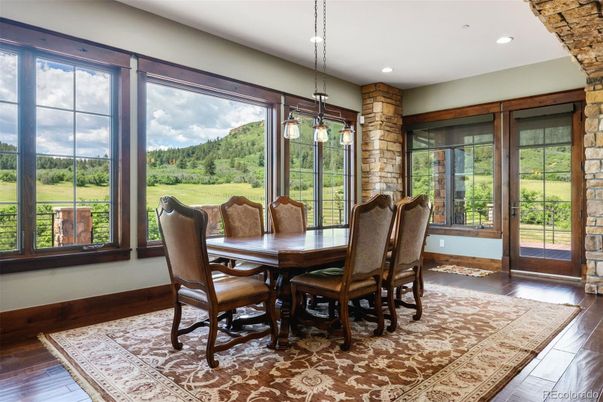 Dining room, Interior, Pendant Lights, Recessed Lighting, Wood Texture Flooring