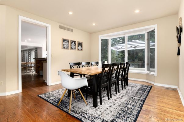 Dining room, Interior, Recessed Lighting, Wood Texture Flooring