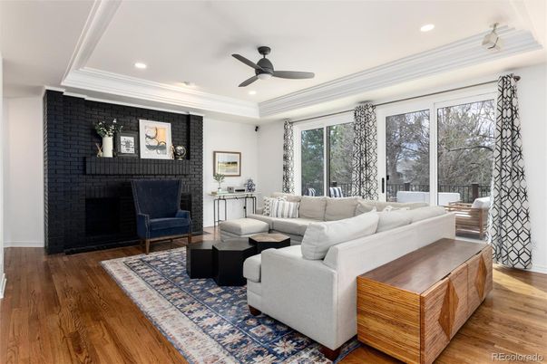 Fireplace, Interior, Living room, Recessed Lighting, Wood Texture Flooring
