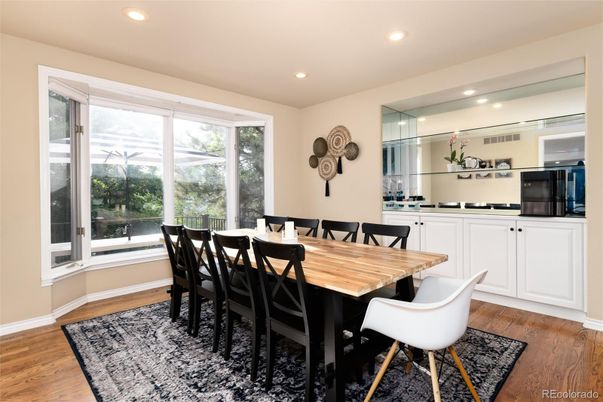Dining room, Interior, Recessed Lighting, Wood Texture Flooring