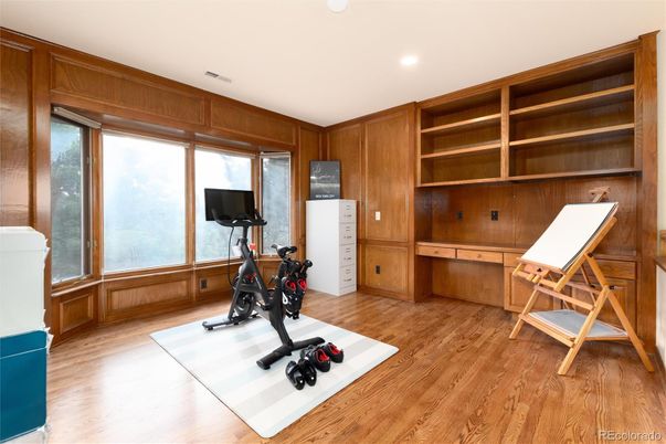 Fitness Equipment, Interior, Recessed Lighting, Wood Texture Flooring, Wooden Walls